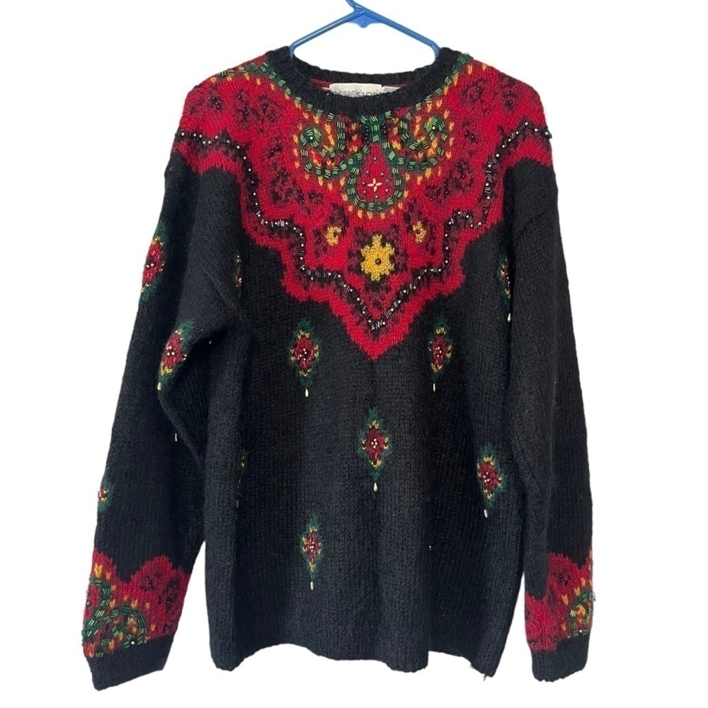 Hand Knit Wool/Mohair Vintage Eagles Eye Black Red Beaded Sweater | Large